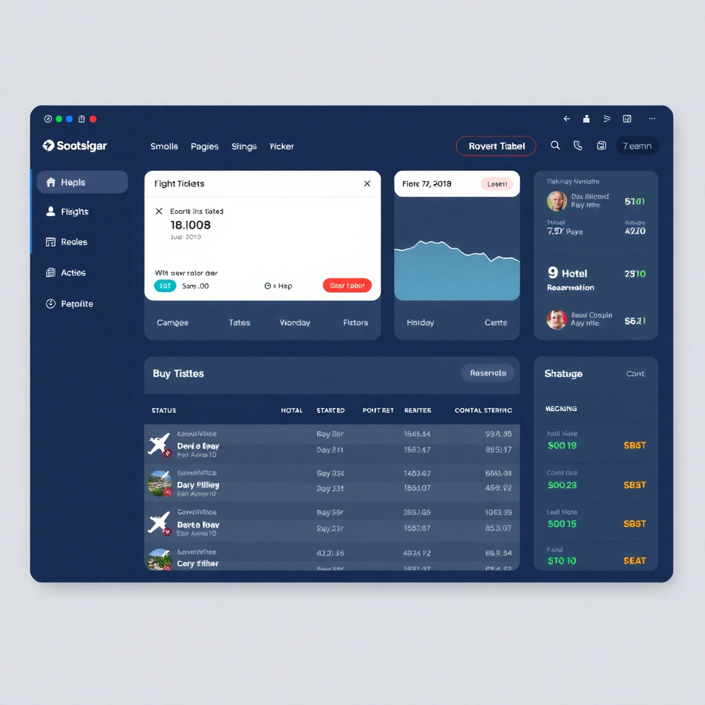 booking tracking dashboard with flight tickets, hotel reservations, status indicators, modern travel management interface