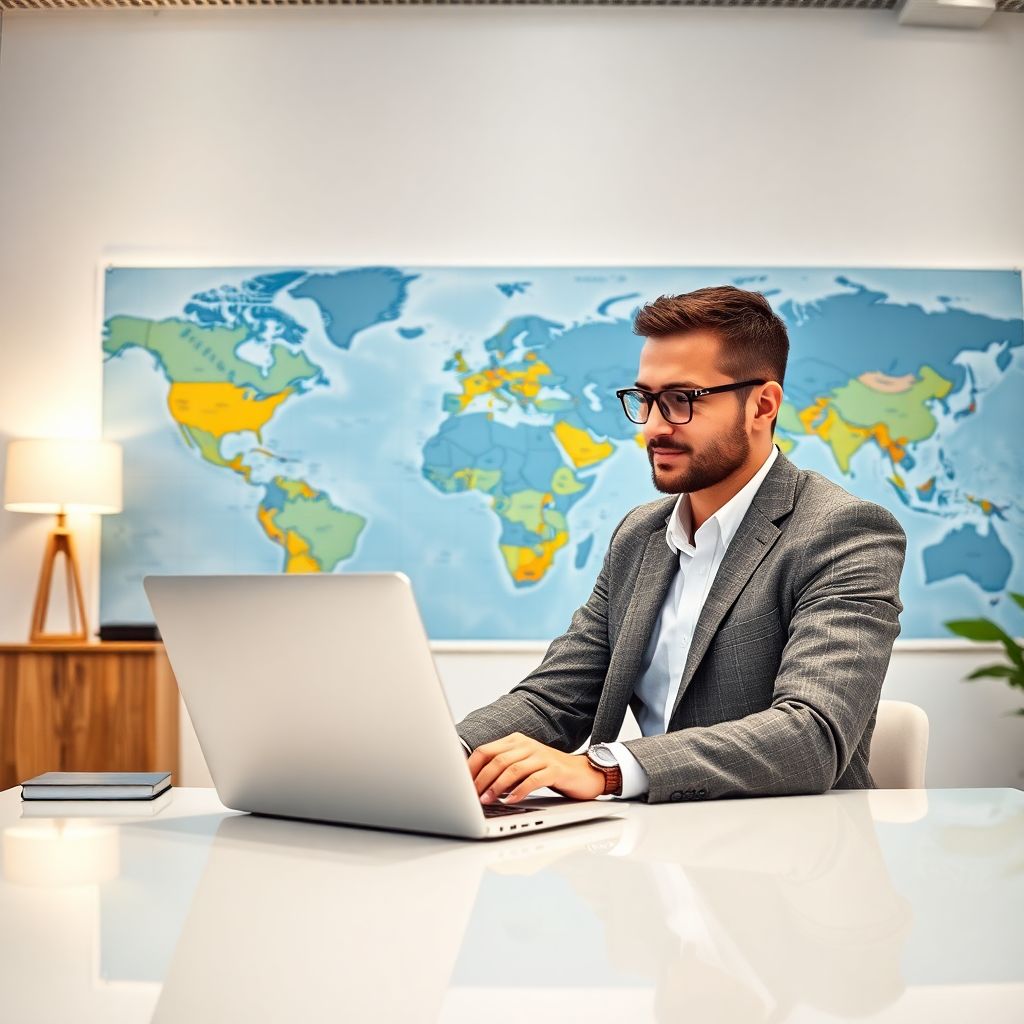 luxury travel agent working on laptop in modern office with world map and travel destinations in background, bright professional photography