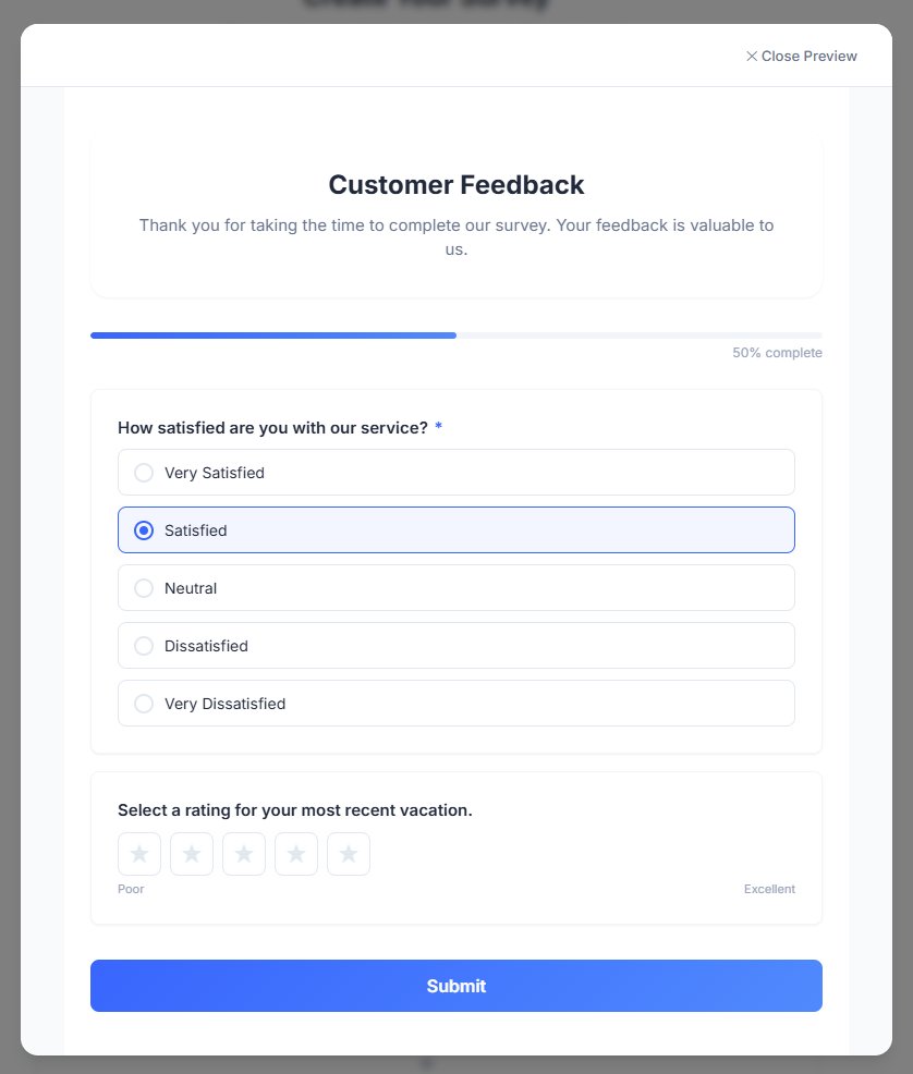 Survey and form builder interface with drag-and-drop editor showing customer feedback form with rating questions