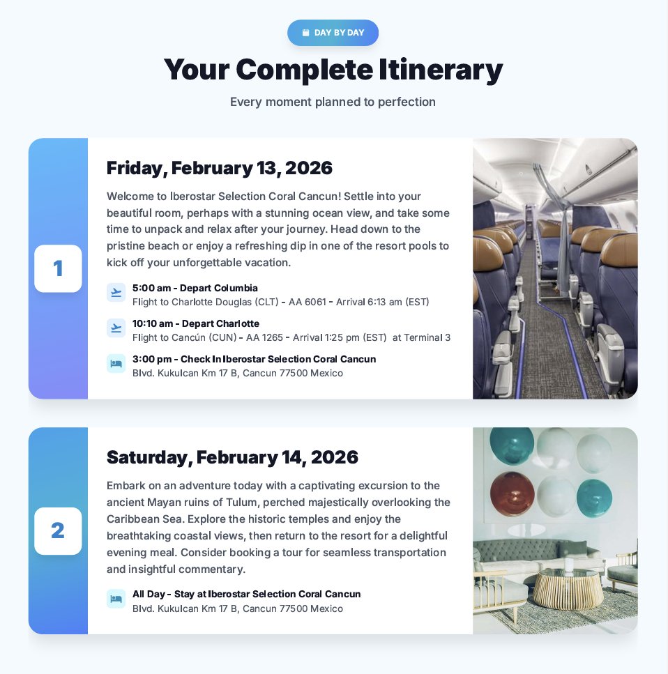 beautiful travel itinerary interface on tablet showing day-by-day schedule with destinations, modern UI design, professional travel app